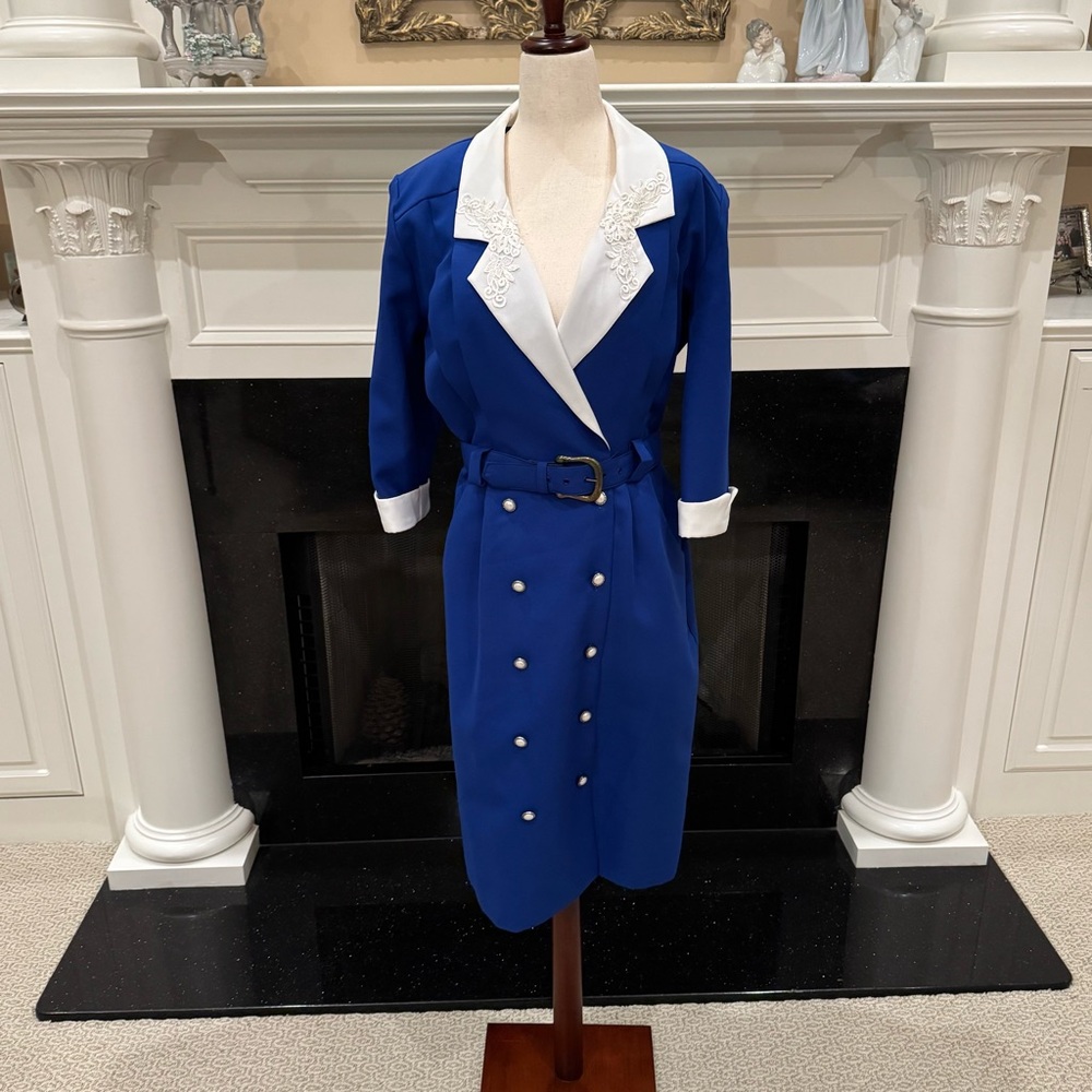 Vintage Miss Dorby Blue & White Double-Breasted Belted Dress – Size 12P